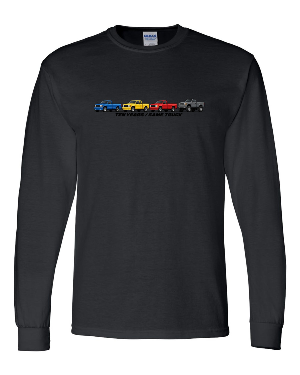 Generation lineup print of 1988-98 Chevrolet GMT400 C1500 K1500 OBS trucks with ten years same truck lettering black long sleeve front view with the design