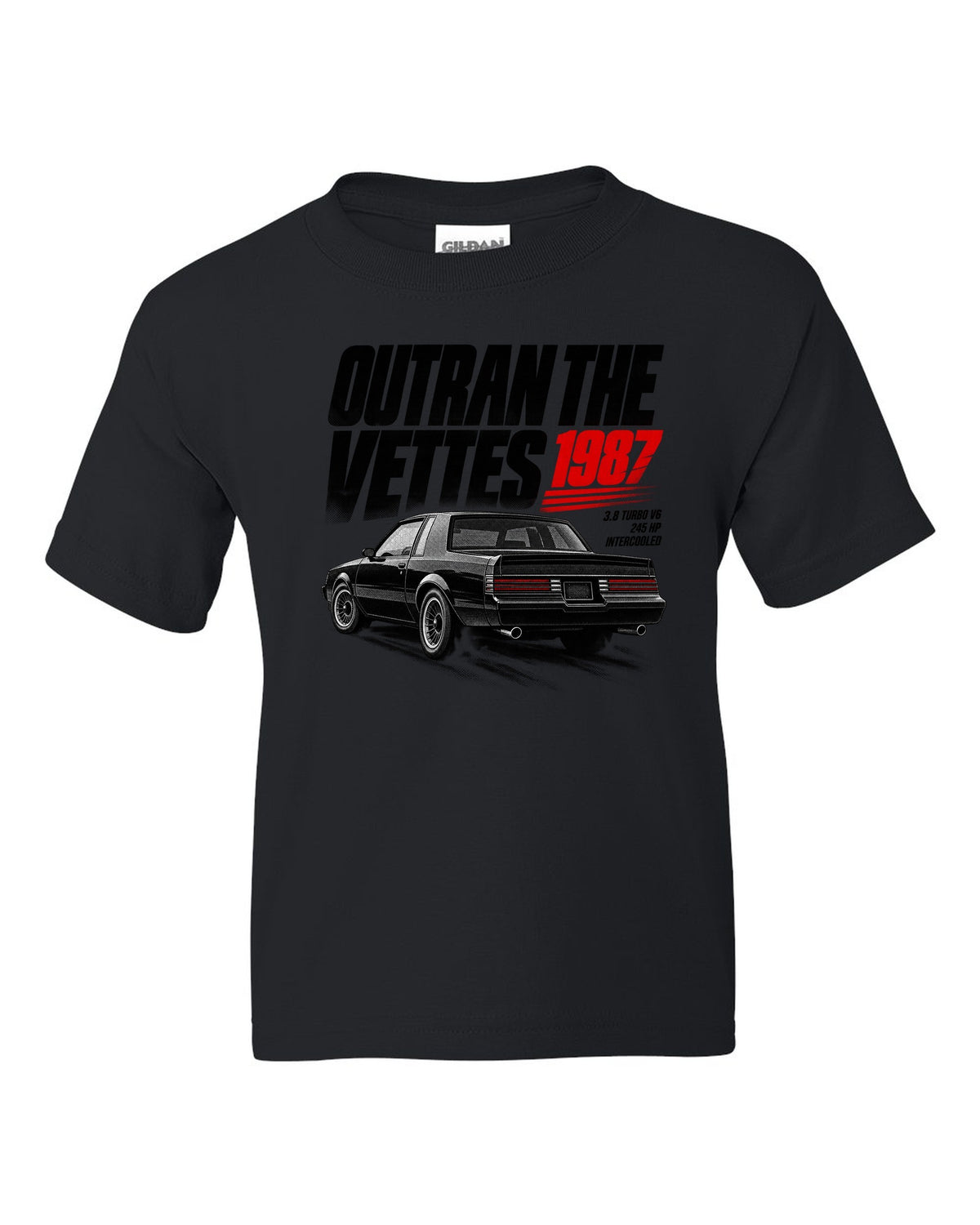 print halftone of a 1987 Buick Regal GN with outran the Vettes lettering black kids tee front view with the design