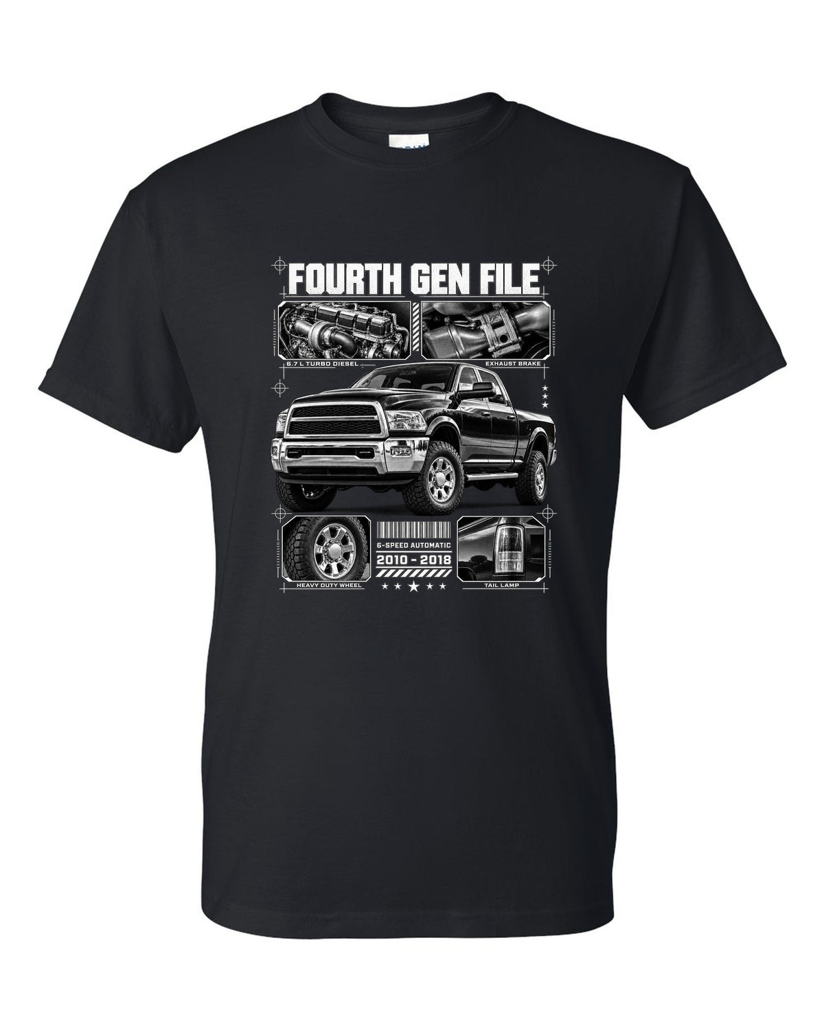 Blueprint dossier print of a 2010-2018 Ram 2500 fourth generation turbo diesel pickup black t-shirt front view with the design