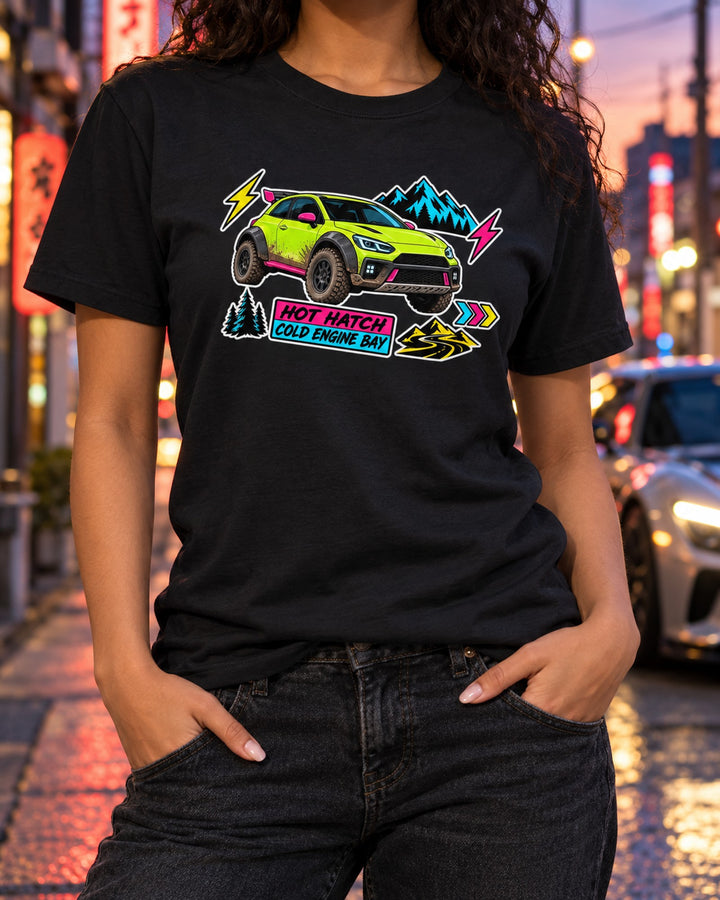 Rivian R3X Slap Sticker Collage Shirt, Hot Hatch EV Tee T-Shirt Black worn hero