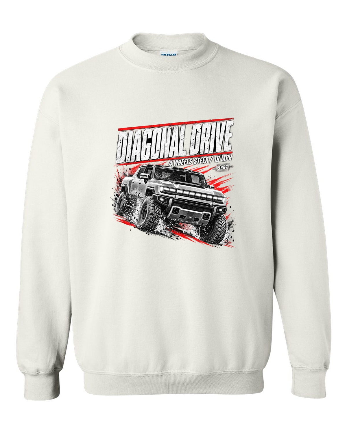 GMC Hummer EV pickup moving diagonally in a race poster design white crewneck front view with the design