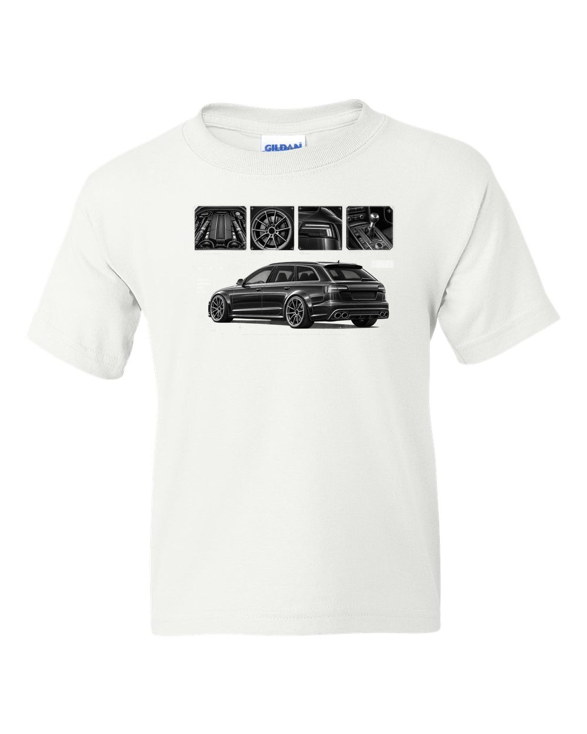 Audi RS6 Avant C6 4F Dossier Panels white kids tee front view with the design