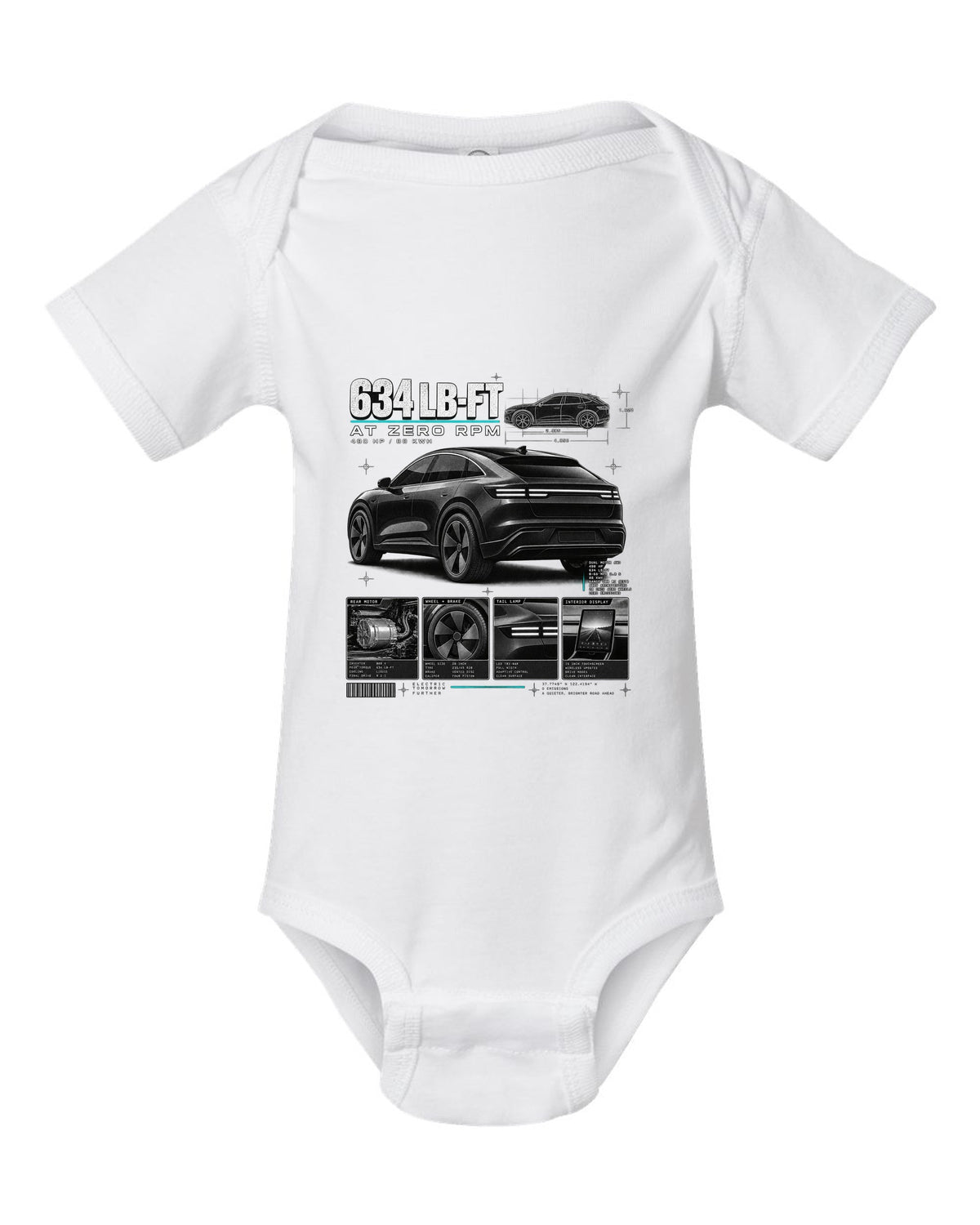Ford Mustang Mach-E GT CX727 dossier panel print with 634 lb-ft at zero rpm white baby onesie front view with the design