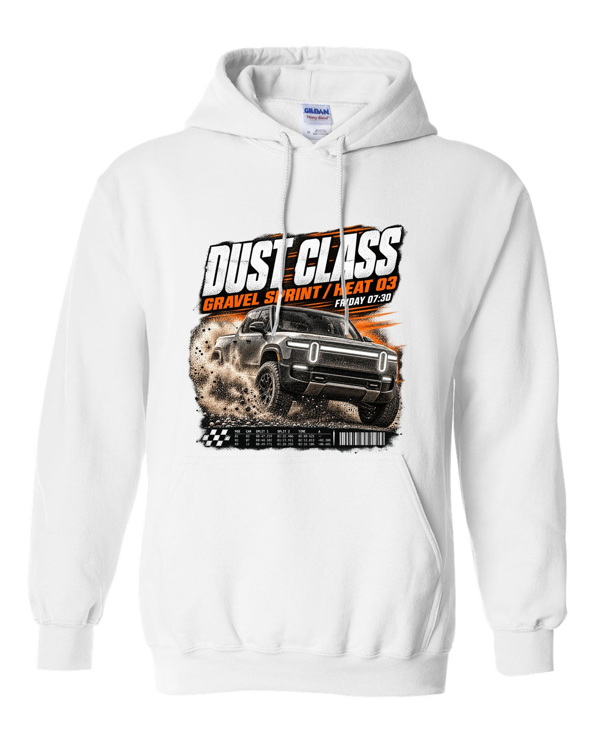 Rivian R1T Gen 2 2025 race poster reading Dust Class, gravel sprint, heat 03 white pull over hoodie front view with the design
