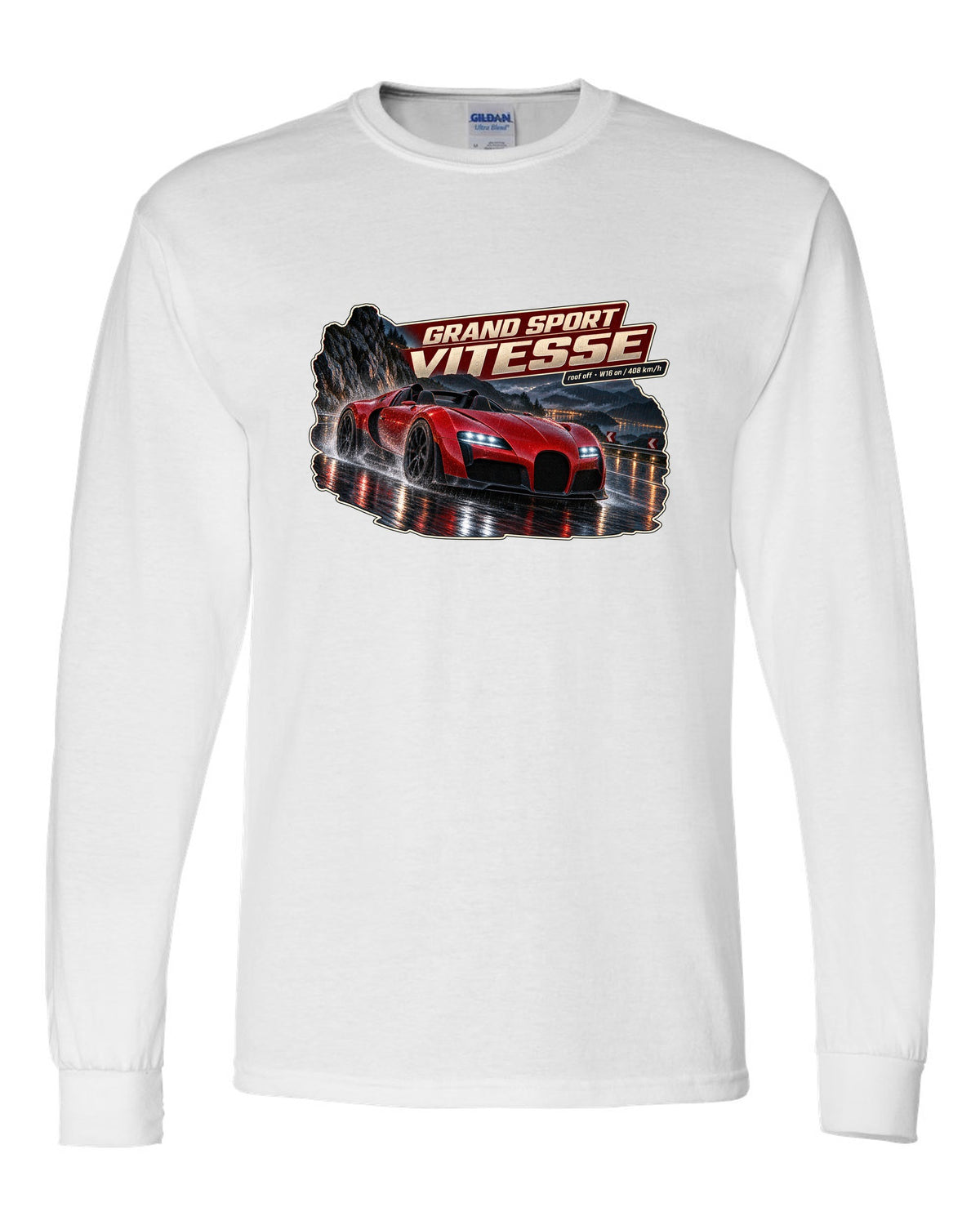 Night street poster of a Bugatti Veyron Grand Sport Vitesse with the roof off, print white long sleeve front view with the design