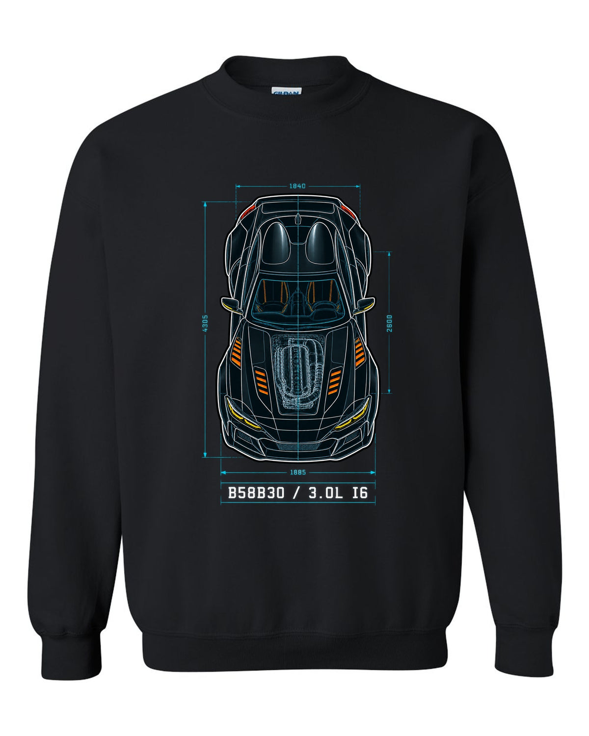 Patent-style overhead blueprint of the B58B30 3.0L inline-six in the Toyota GR Supra A90 black crewneck front view with the design