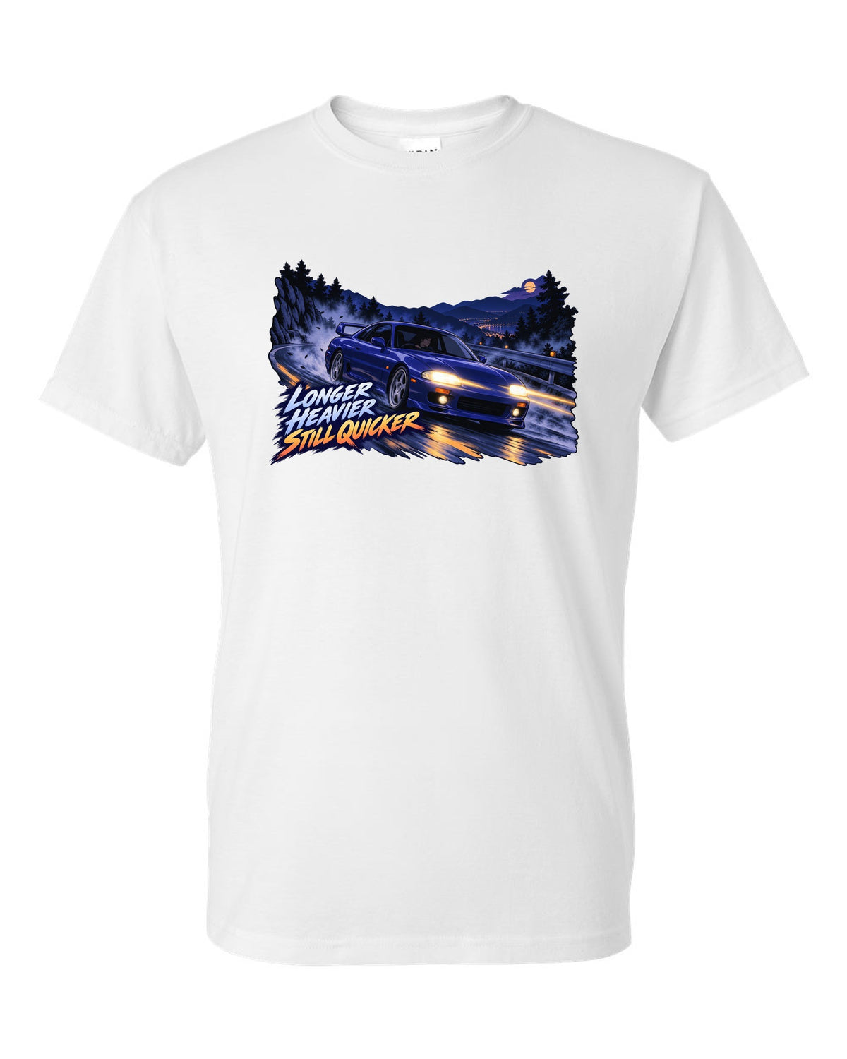 Cel-shaded 90s anime night touge print of a Nissan Skyline GT-R BCNR33 with longer heavier still quicker lettering white t-shirt front view with the design