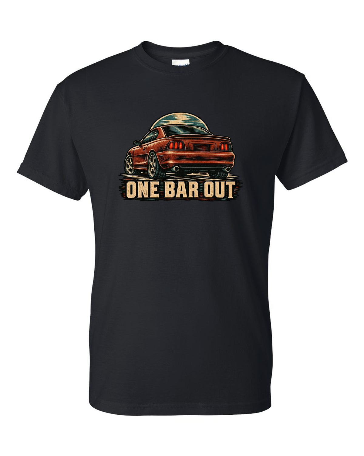 Linocut woodcut print of a 1994-98 SN95 Mustang coupe with One Bar Out text black t-shirt front view with the design