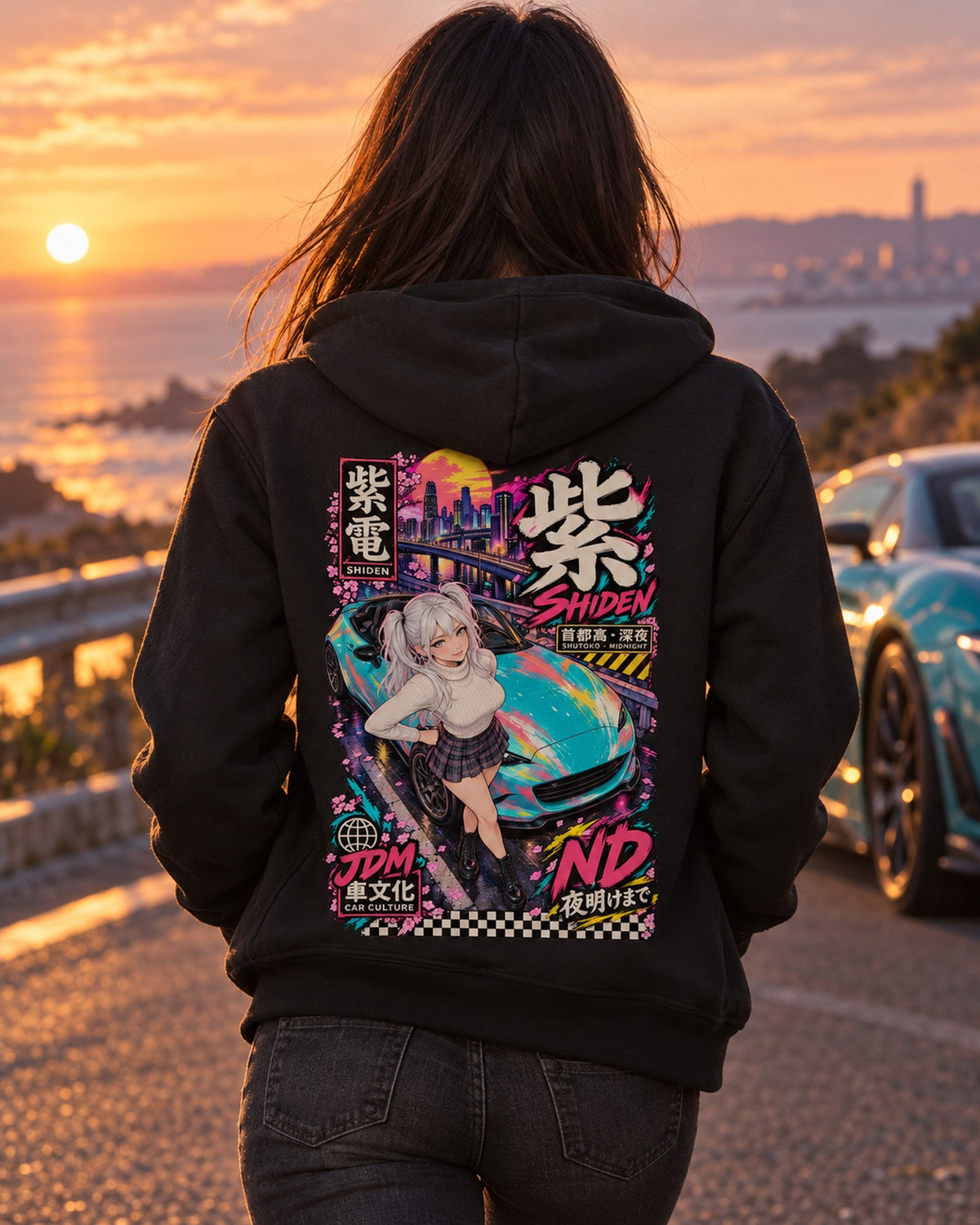 SHIDEN ND Anime Girl Full-Back Graphic Tee Zip Hoodie Black worn hero