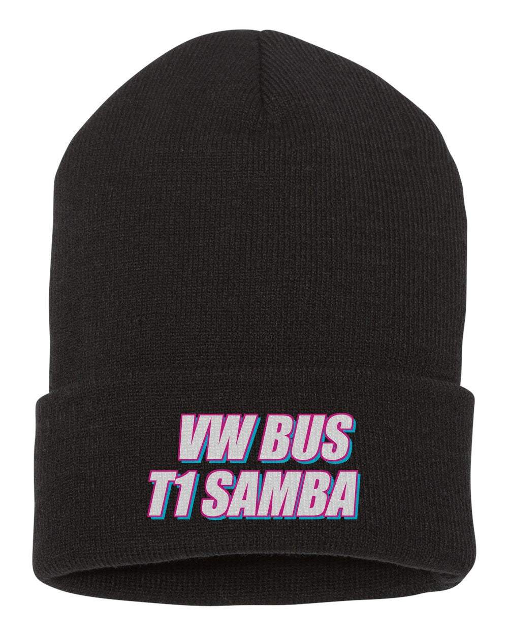 Vw Bus T1 Samba black beanie front view with car name