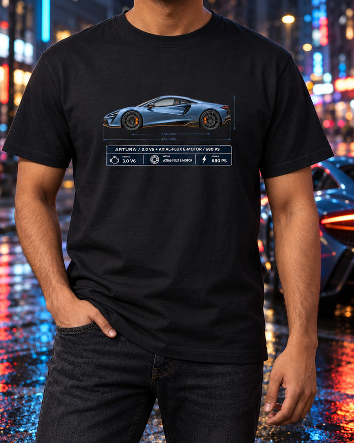 McLaren Artura V6 Hybrid Spec Poster Shirt, 680 PS Car Gift T-Shirt Black worn hero