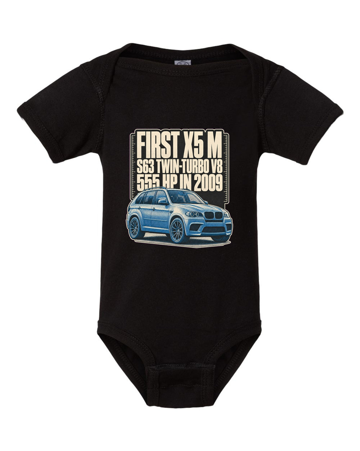 BMW X5 M E70 halftone print on a tee black baby onesie front view with the design