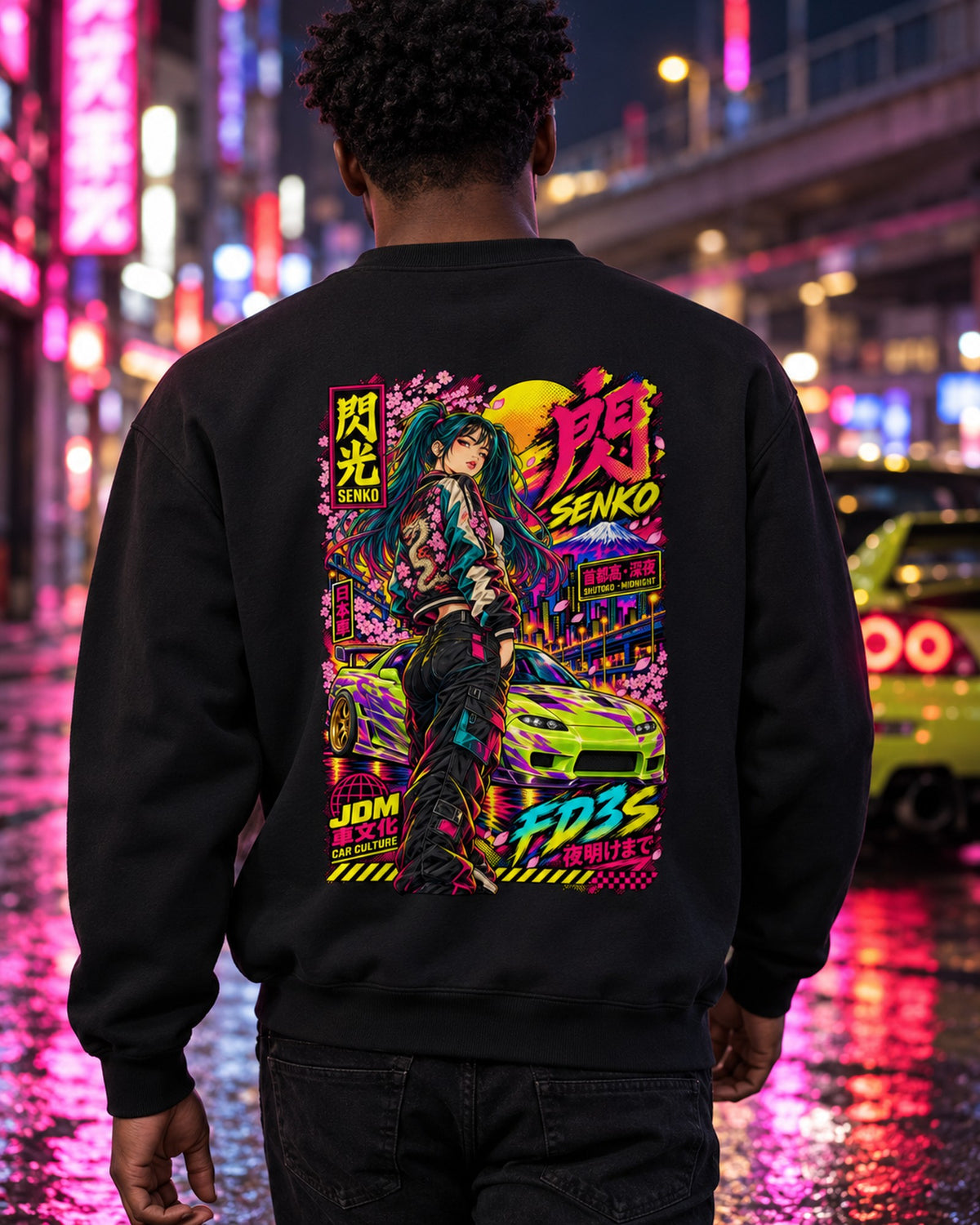 SENKO FD3S Anime Girl Full-Back Graphic Tee Crewneck Black worn hero