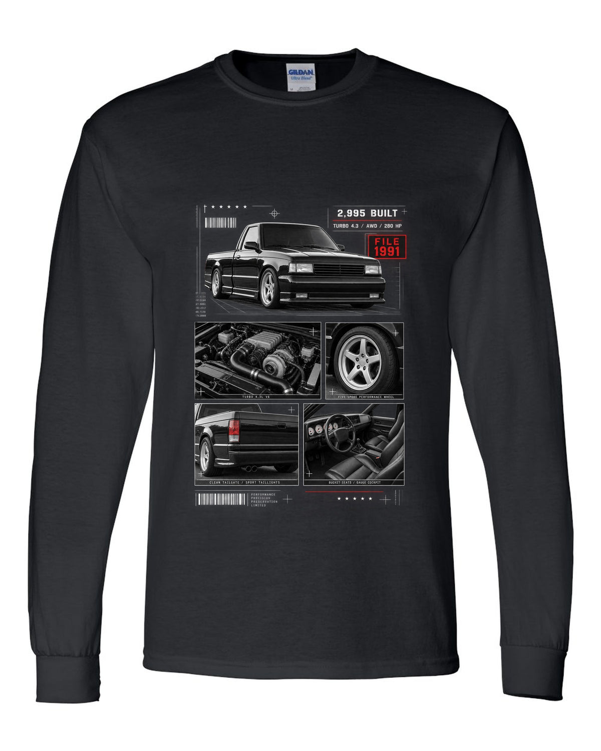 Dossier-style print of a 1991 GMC Syclone with detail panels black long sleeve front view with the design