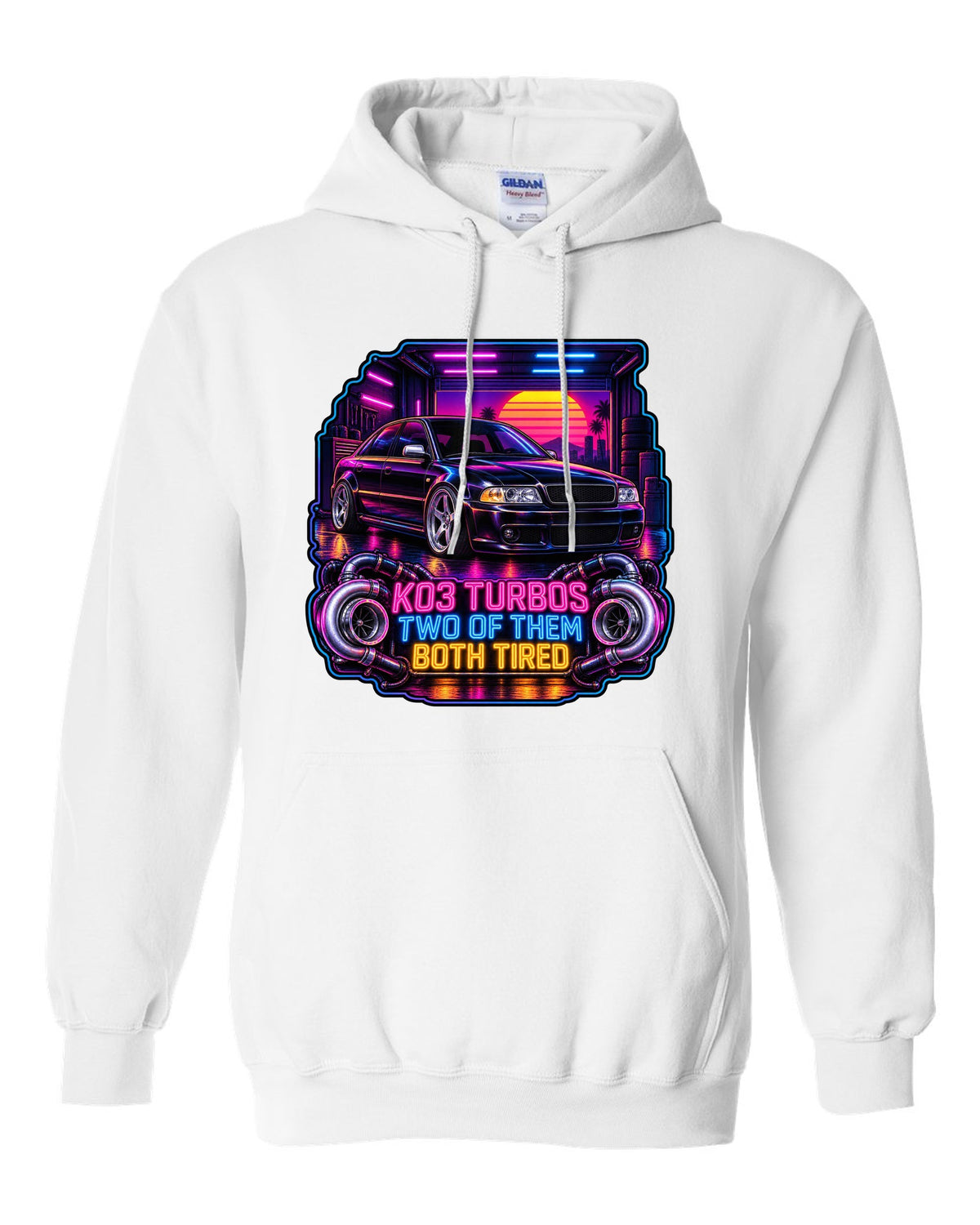 Synthwave print of an Audi S4 B5 sedan with K03 turbos text white pull over hoodie front view with the design