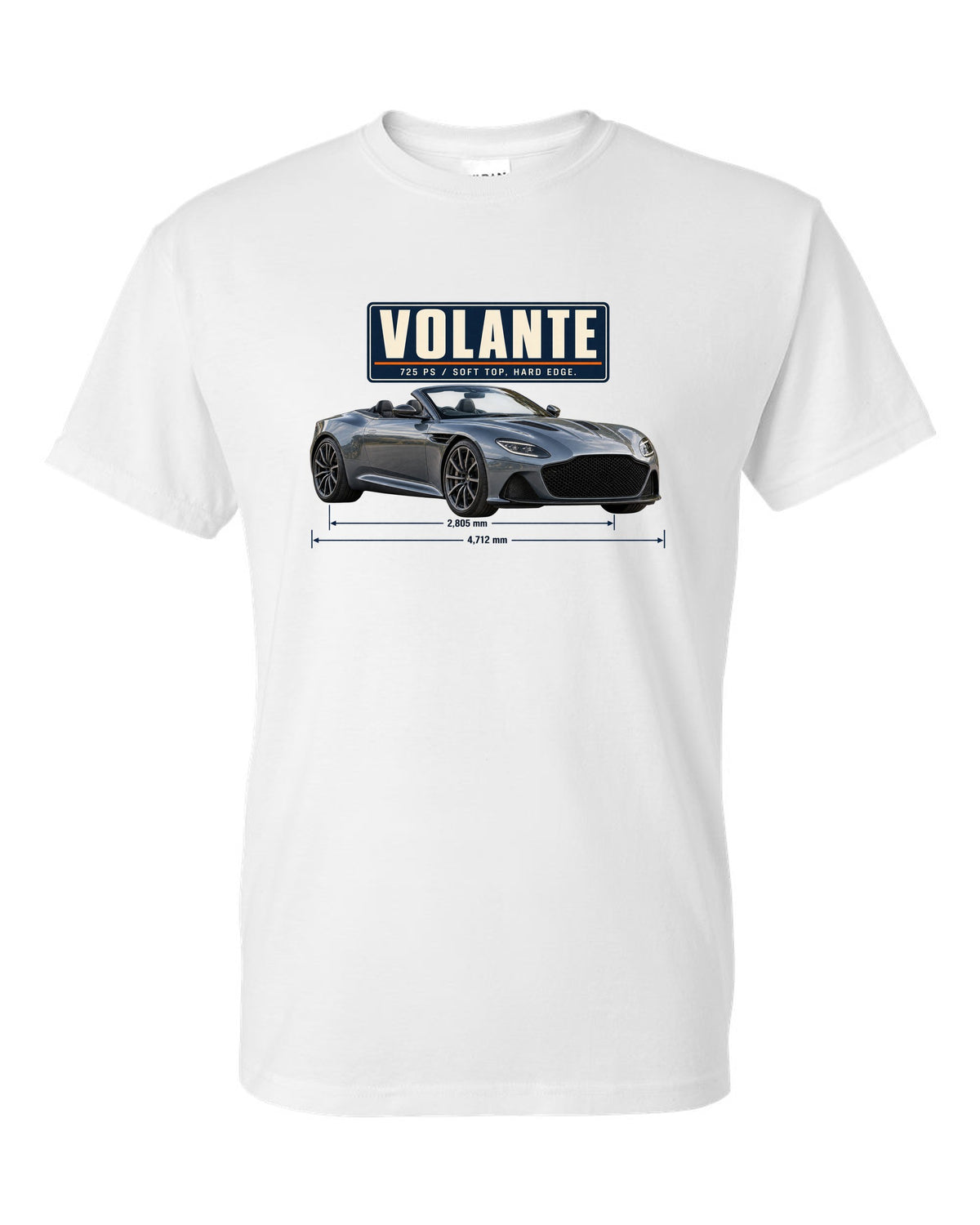 Aston Martin DBS Volante 2019 top-down editorial headline print with 725 PS text white t-shirt front view with the design