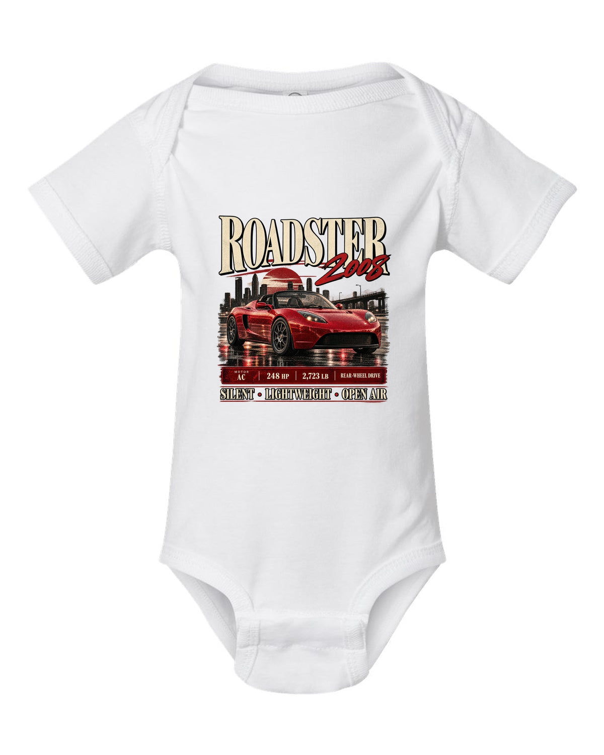 Tesla Roadster Gen 1 2008 archive panel with AC motor, 248 HP, 2,723 lb and rear-wheel drive white baby onesie front view with the design