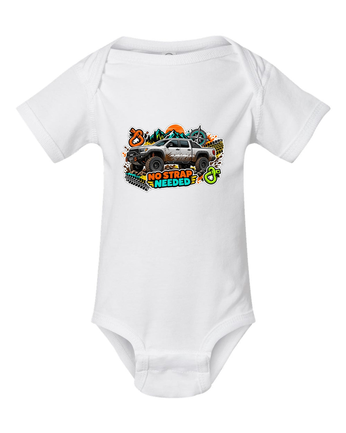Sticker bomb collage print of a Ram Power Wagon 2500 4x4 with No Strap Needed text white baby onesie front view with the design