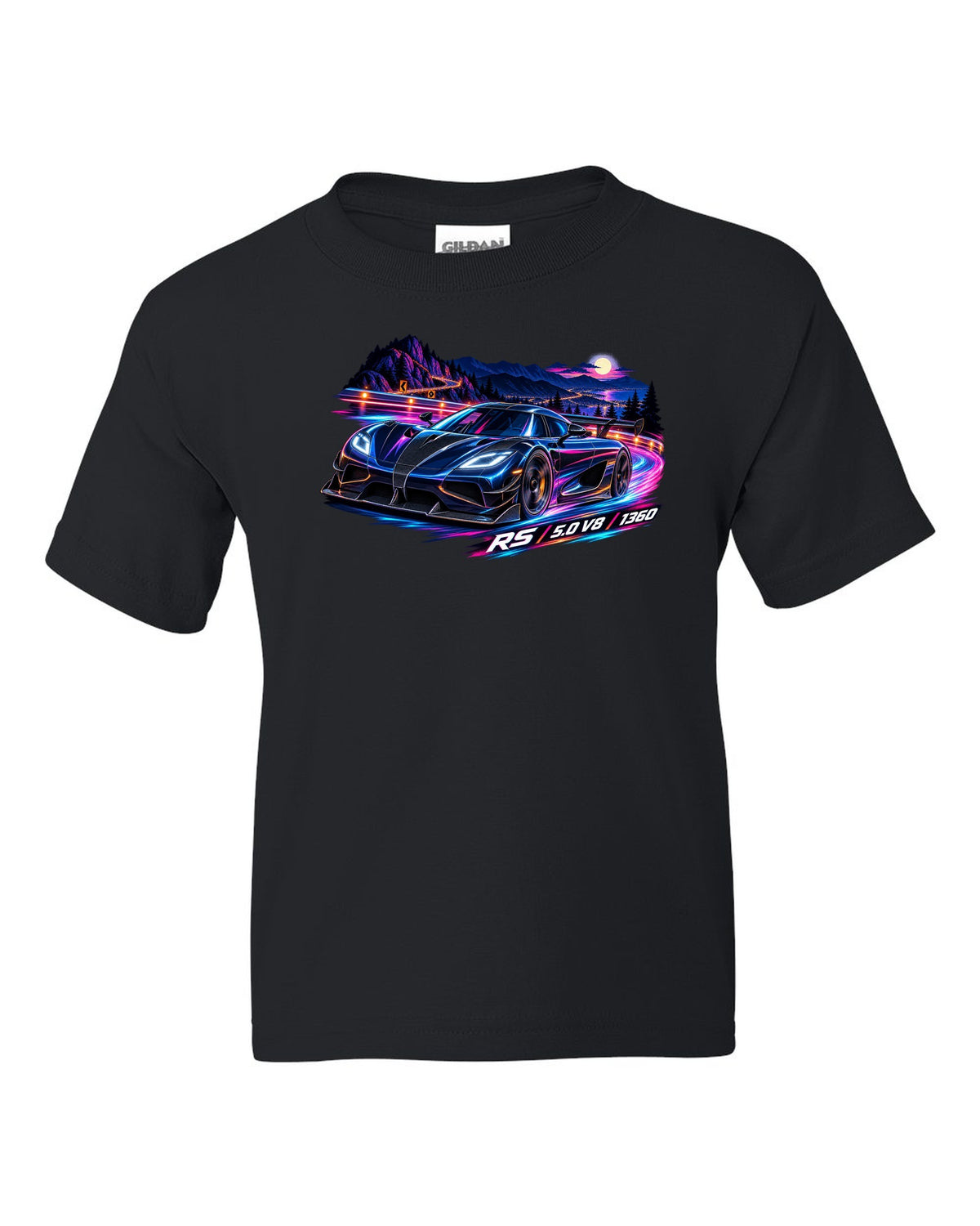 Cel-shaded anime night mountain pass illustration of a Koenigsegg Agera RS with RS 5.0 V8 1360 lettering black kids tee front view with the design