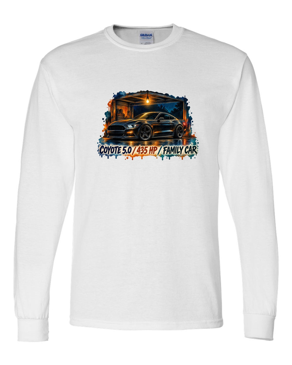 Watercolour night print of a Ford Mustang S550 GT with Coyote 5.0 435 HP family car text white long sleeve front view with the design
