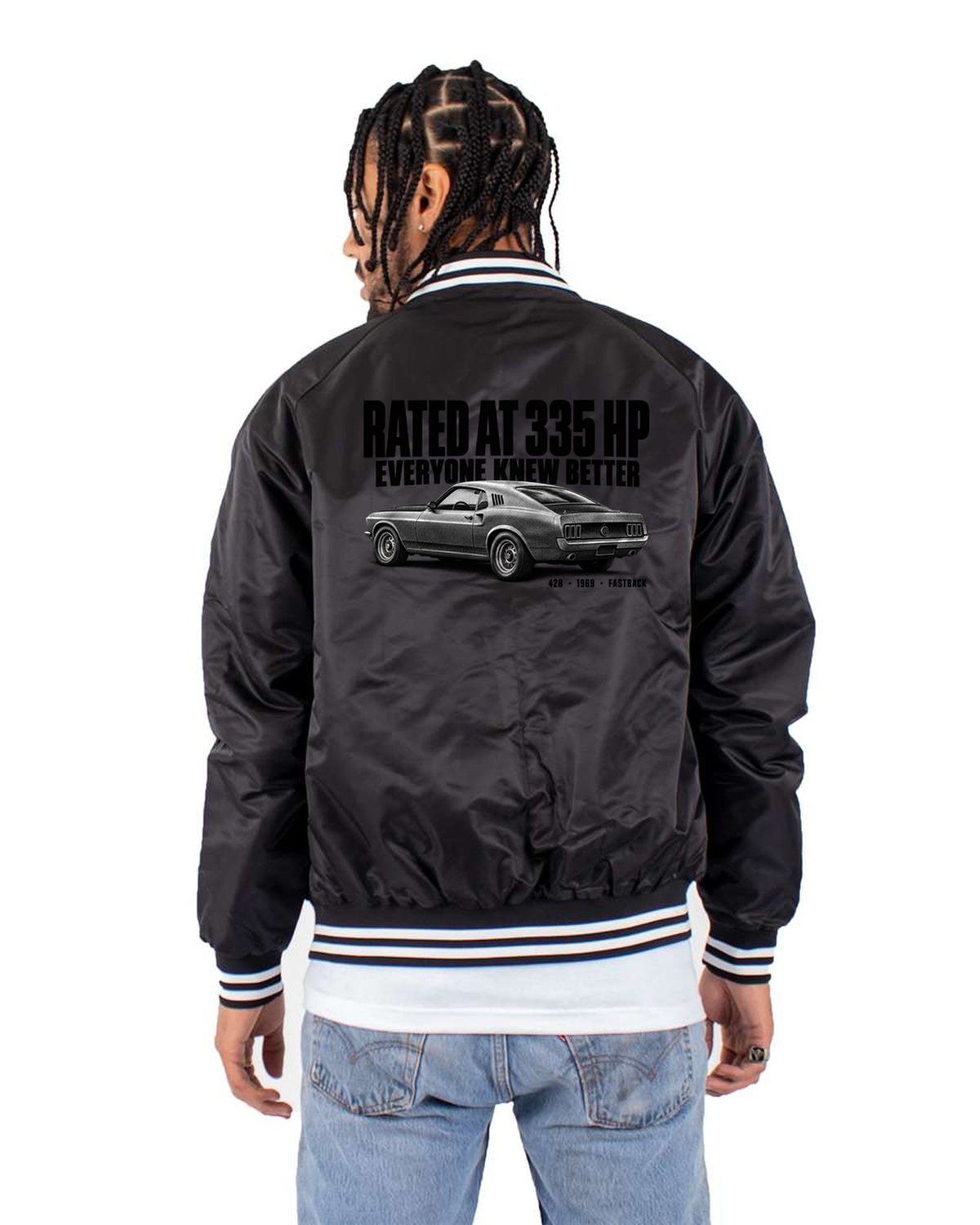 1969 Mustang Fastback 428 Halftone Shirt, Rated at 335 HP Bomber Jacket Black back