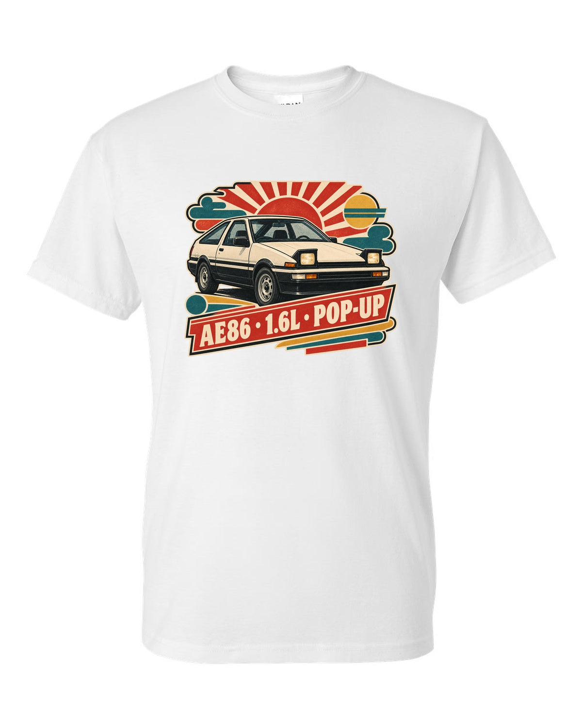 Retro Japanese Showa catalogue ad style print of a 1985 Toyota Sprinter Trueno AE86 with pop-up lettering white t-shirt front view with the design