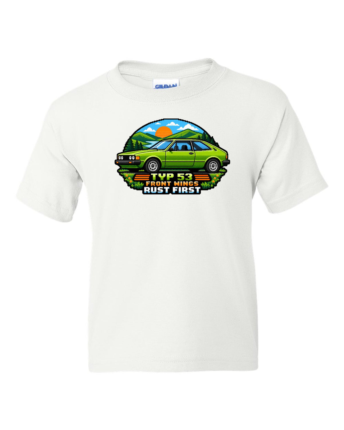 8/16-bit pixel art of a VW Scirocco Mk1 Typ 53 with front wings rust first text white kids tee front view with the design
