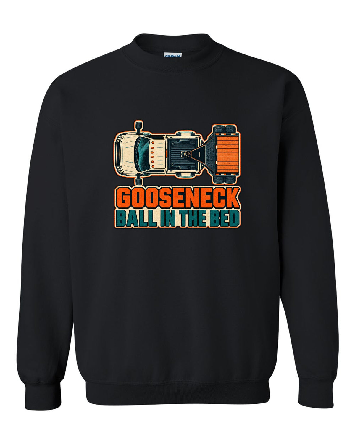 Top-down risograph print of a 2019-2024 Ram HD 3500 long bed with gooseneck ball in the bed text black crewneck front view with the design