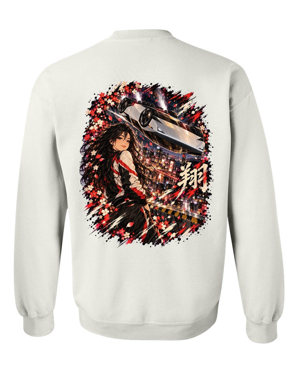 Tesla Roadster Flip Anime Girl Crewneck White back