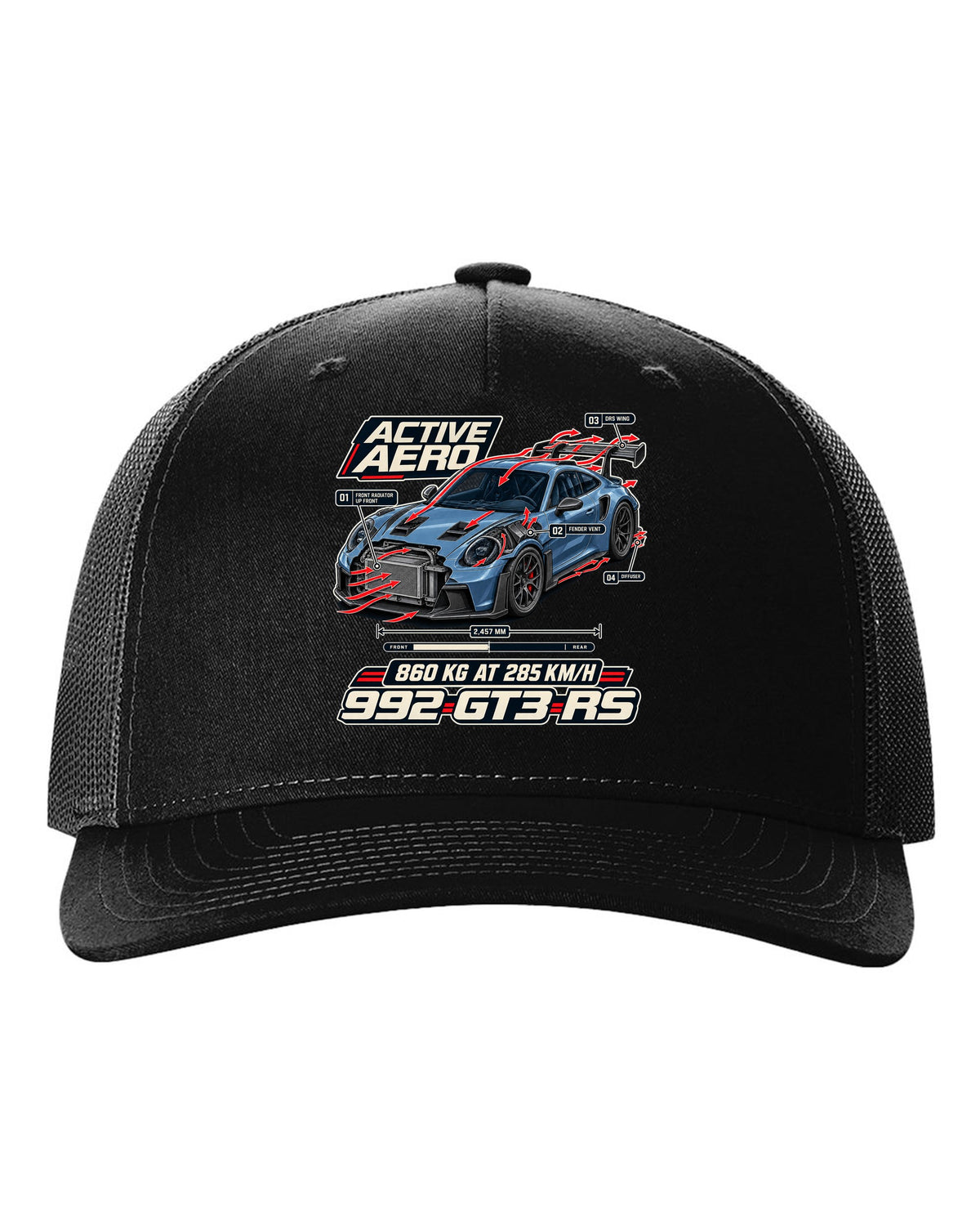 Porsche 992 GT3 RS aero and cutaway callouts print design black hat front view with the design