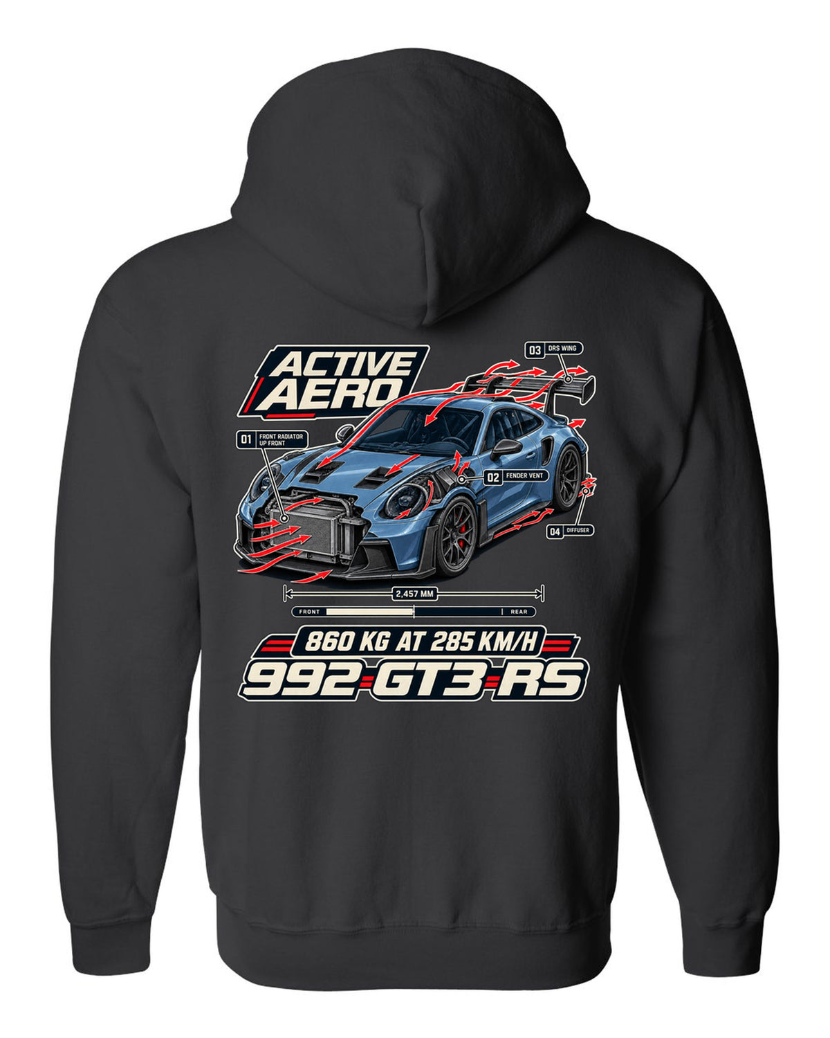 Porsche 992 GT3 RS aero and cutaway callouts print design black zip hoodie back view with the design