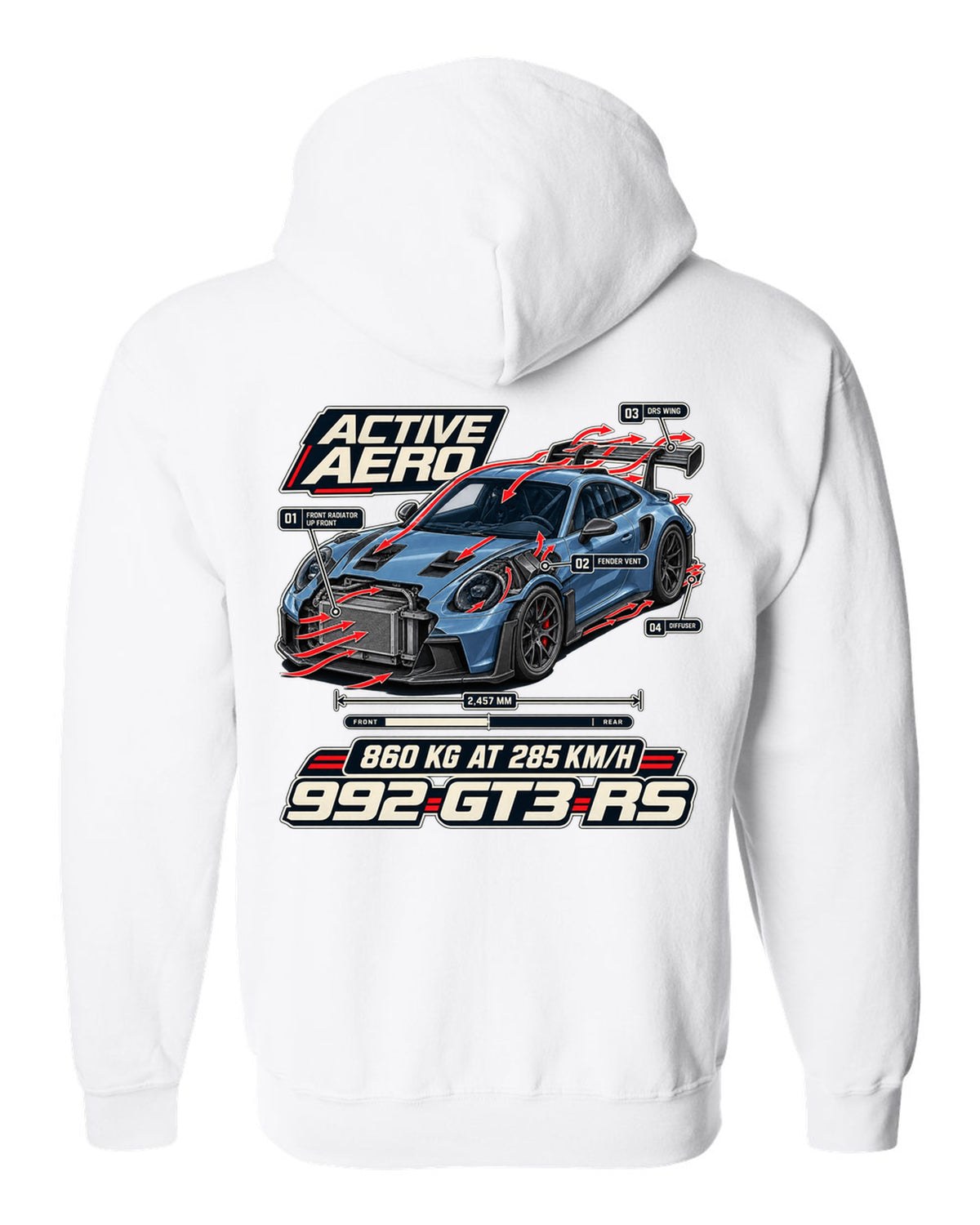 Porsche 992 GT3 RS aero and cutaway callouts print design white zip hoodie back view with the design