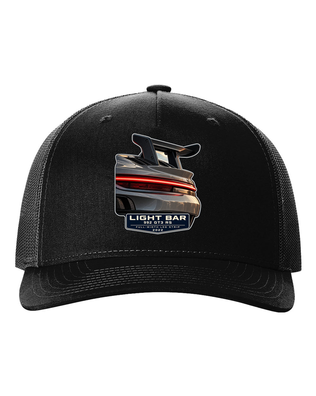Porsche 992 GT3 RS taillight macro light bar print design black hat front view with the design
