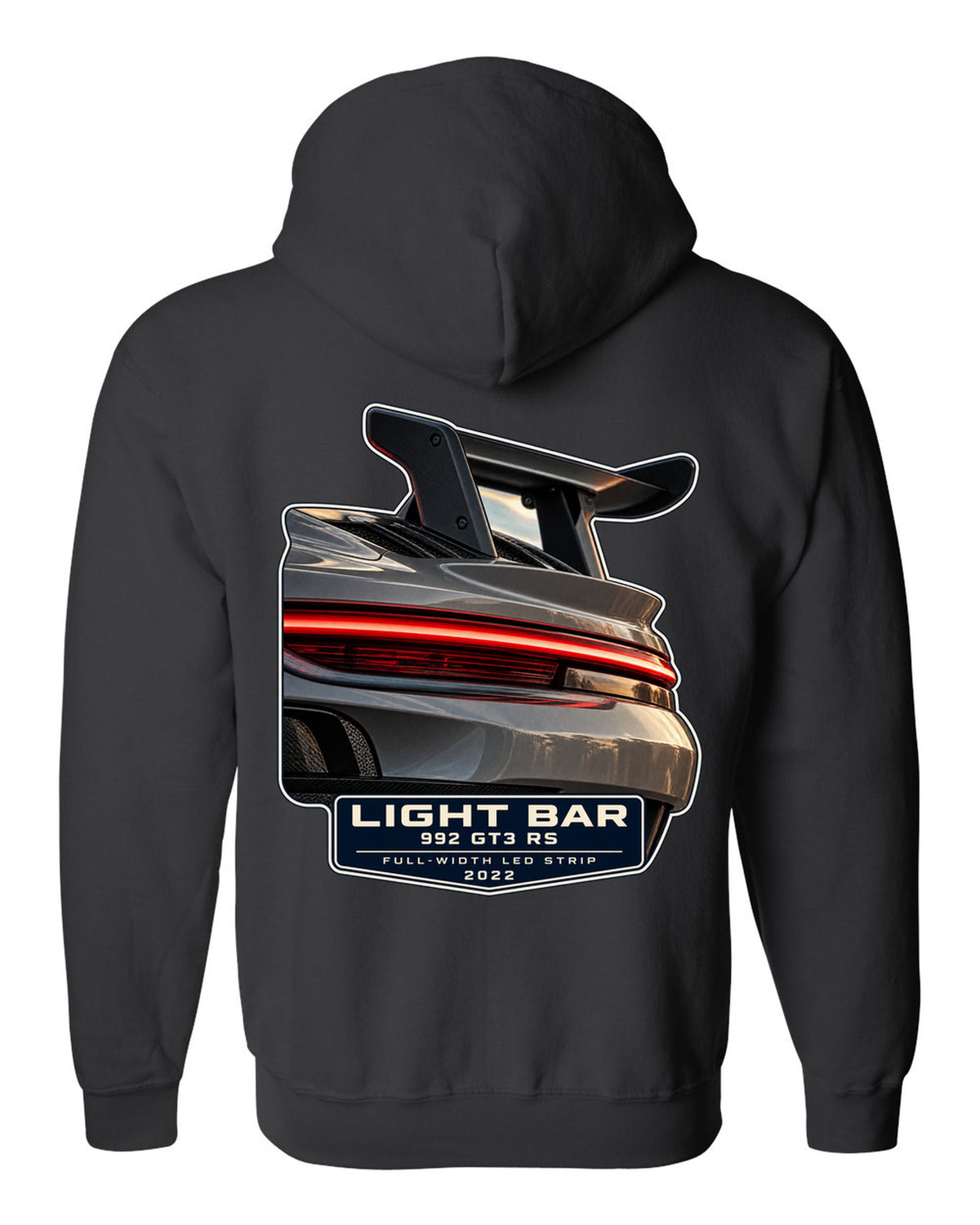 Porsche 992 GT3 RS taillight macro light bar print design black zip hoodie back view with the design
