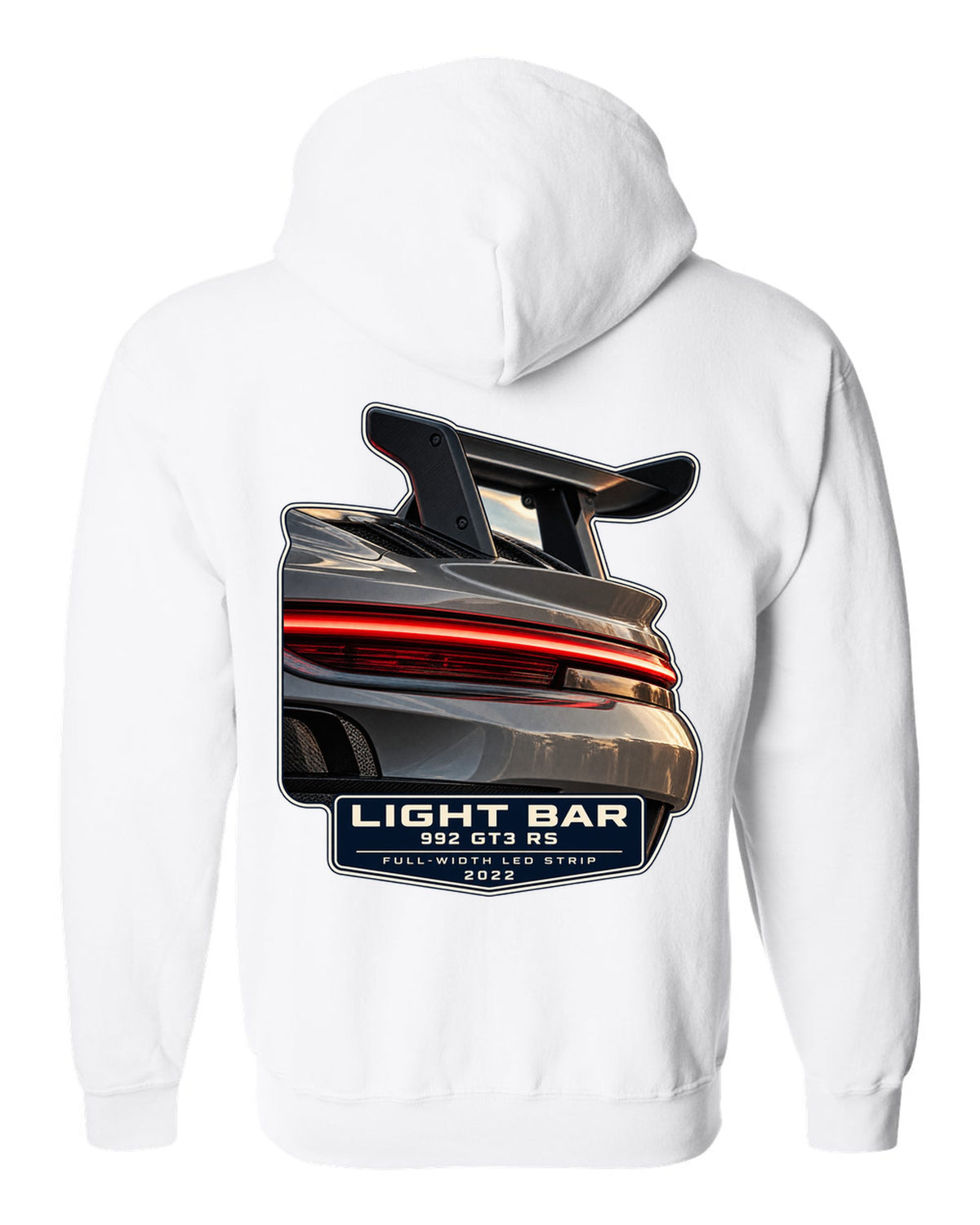 Porsche 992 GT3 RS taillight macro light bar print design white zip hoodie back view with the design