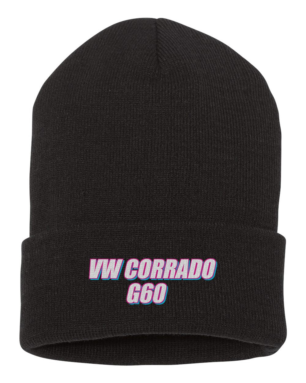 Vw Corrado G60 black beanie front view with car name