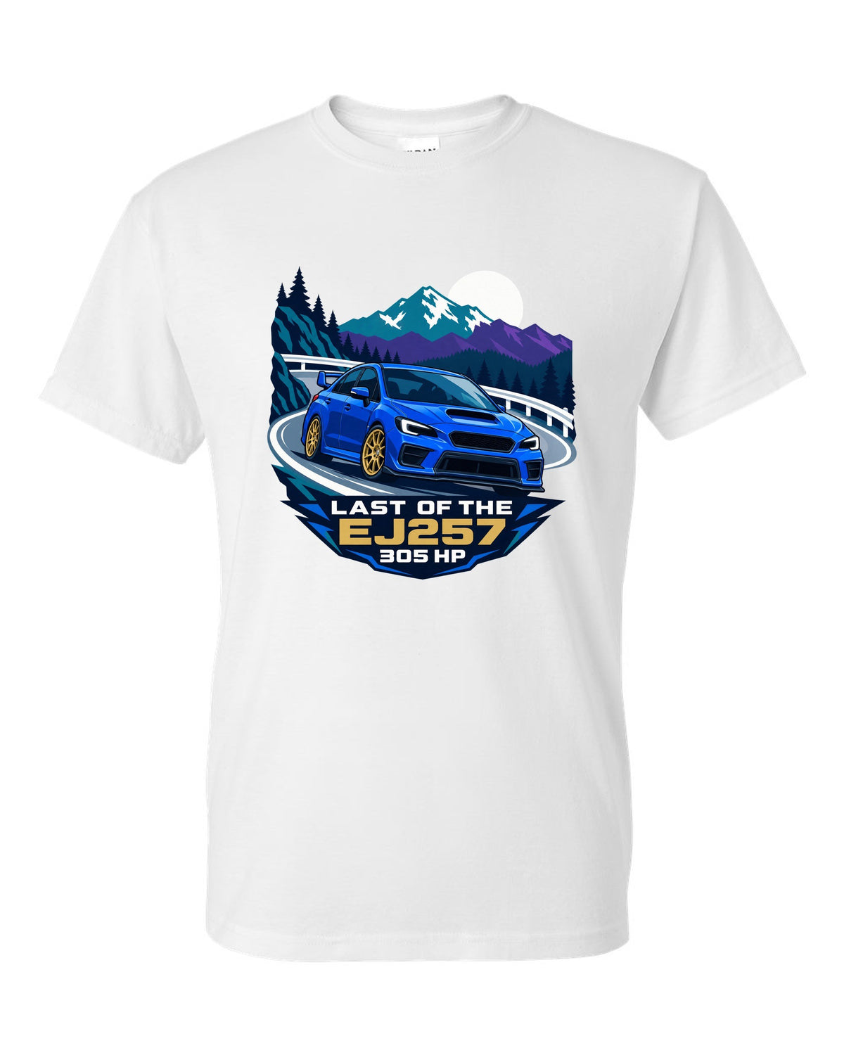 Flat vector minimalist Subaru WRX STI VAB on a hairpin corner white t-shirt front view with the design