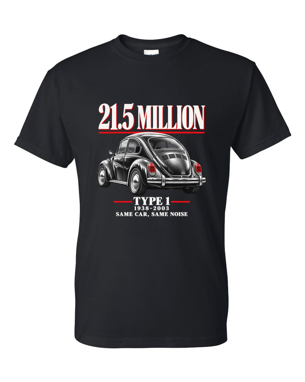 Editorial print of a VW Beetle Type 1 1303 Super Beetle three-quarter rear black t-shirt front view with the design