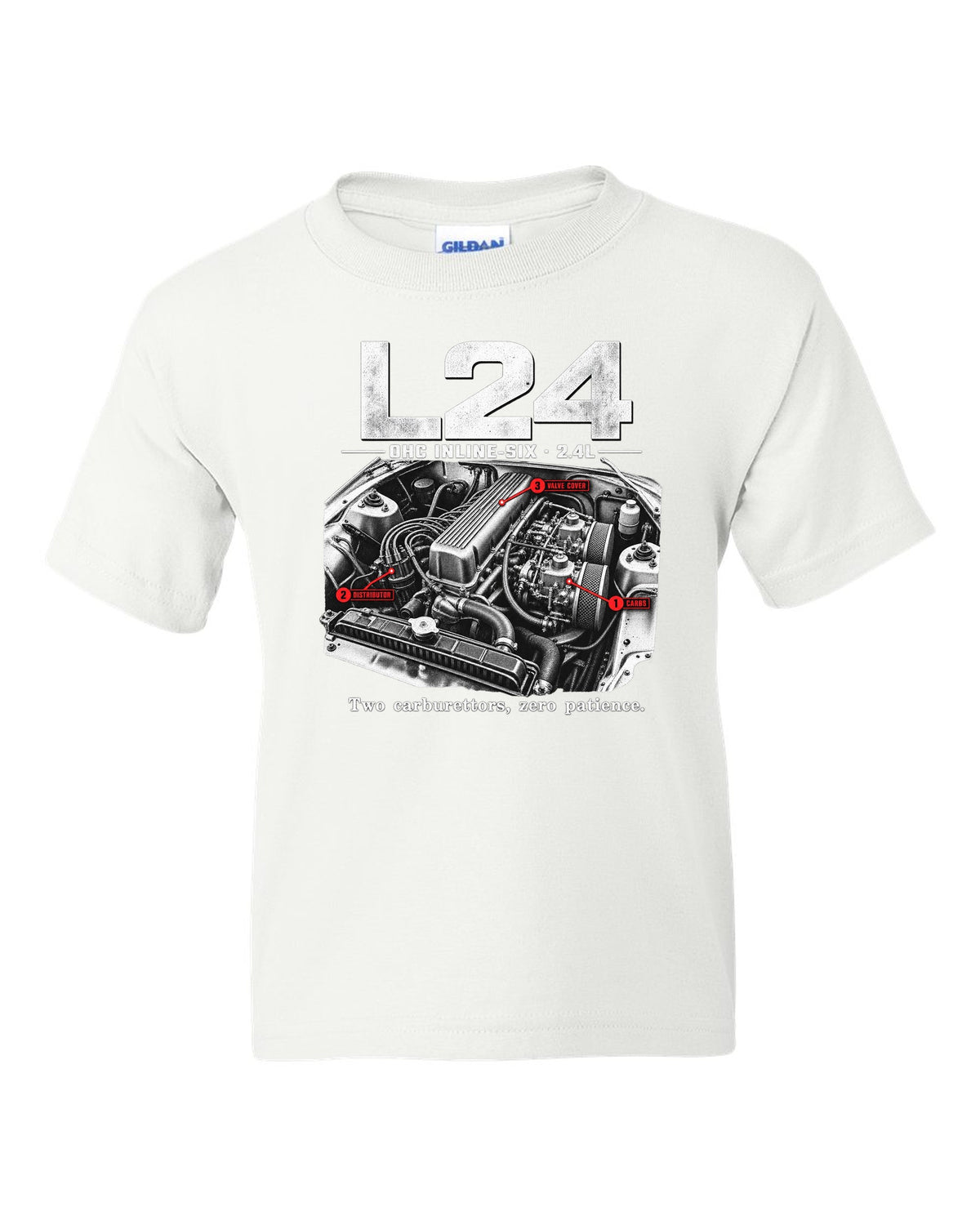Engine bay print of a Datsun 240Z S30 L24 inline-six with carburettors white kids tee front view with the design
