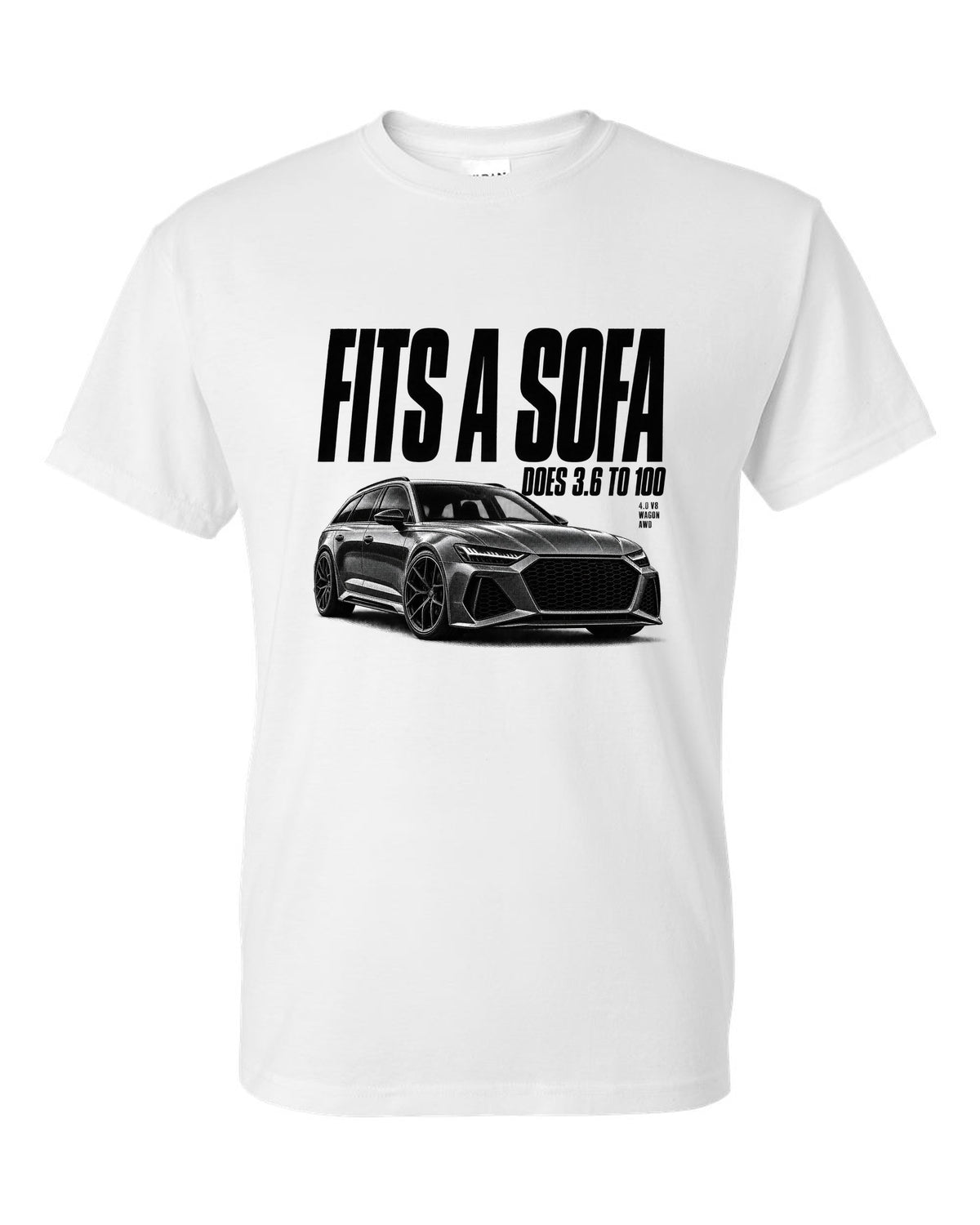 Halftone print of an Audi RS6 Avant C8 front three-quarter with Fits A Sofa caption white t-shirt front view with the design
