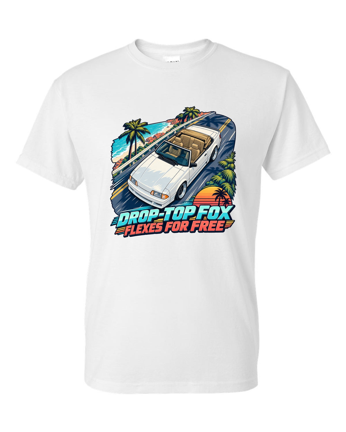 Cel-shaded anime print of a Ford Mustang Fox Body convertible seen from above white t-shirt front view with the design