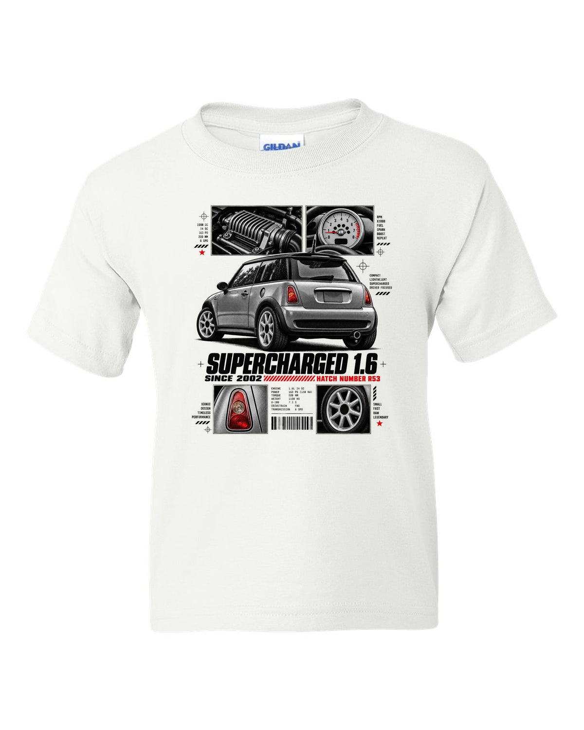 print of a Mini Cooper S R53 rear three-quarter view with detail panels and supercharged 1.6 text white kids tee front view with the design