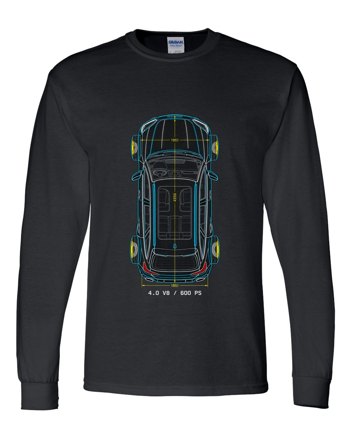 Top-down technical blueprint design of the Audi RS6 Avant C8 with 4.0 V8 and 600 PS lettering black long sleeve front view with the design