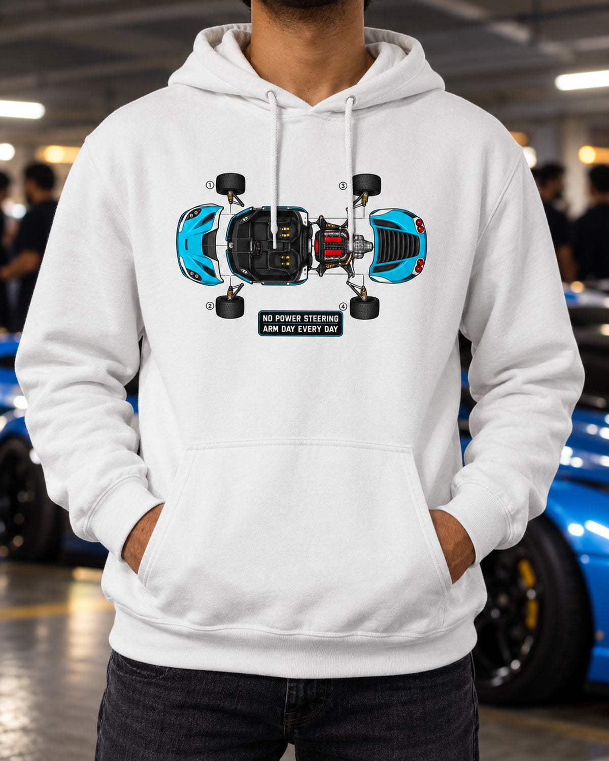 Alfa Romeo 4C Exploded Blueprint Tee, Arm Day Every Day Pull Over Hoodie White worn hero