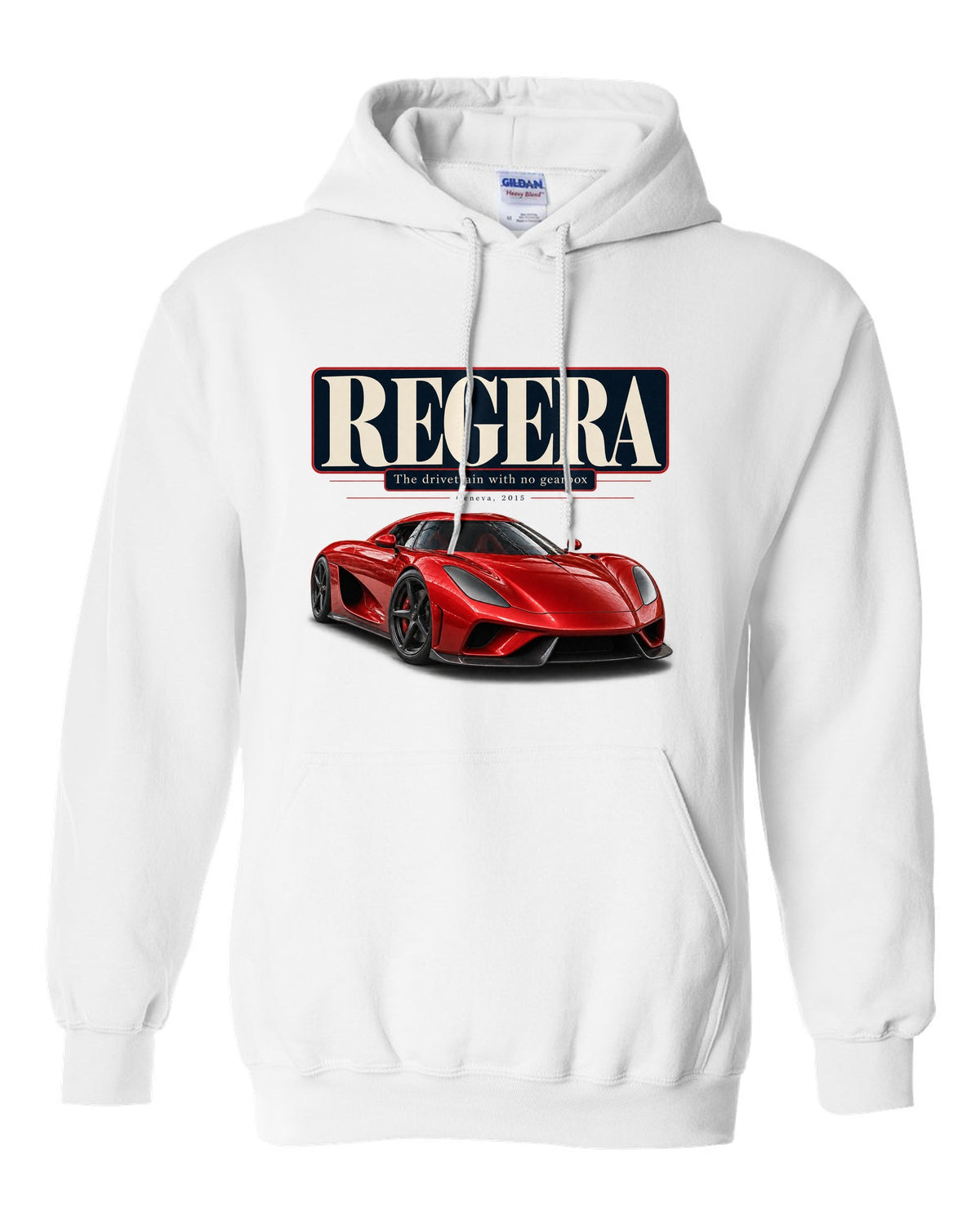 Editorial headline poster of the Koenigsegg Regera about its drivetrain, print white pull over hoodie front view with the design