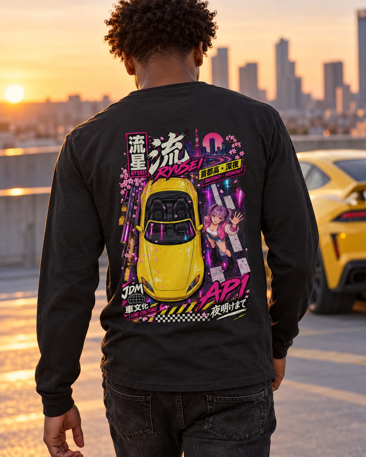 RYUSEI AP1 Anime Girl Full-Back Graphic Tee Long Sleeve Black worn hero