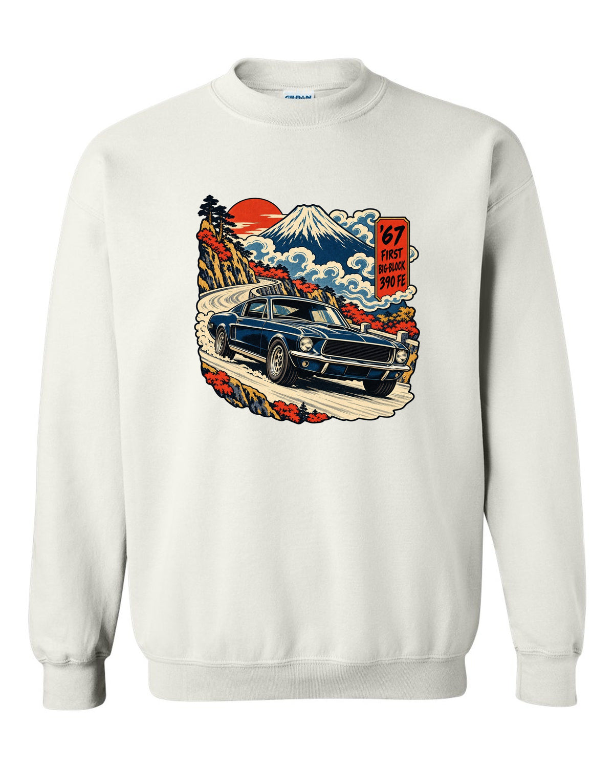 Ukiyo-e woodblock print of a 1967 Ford Mustang fastback with 390 FE first big-block text white crewneck front view with the design