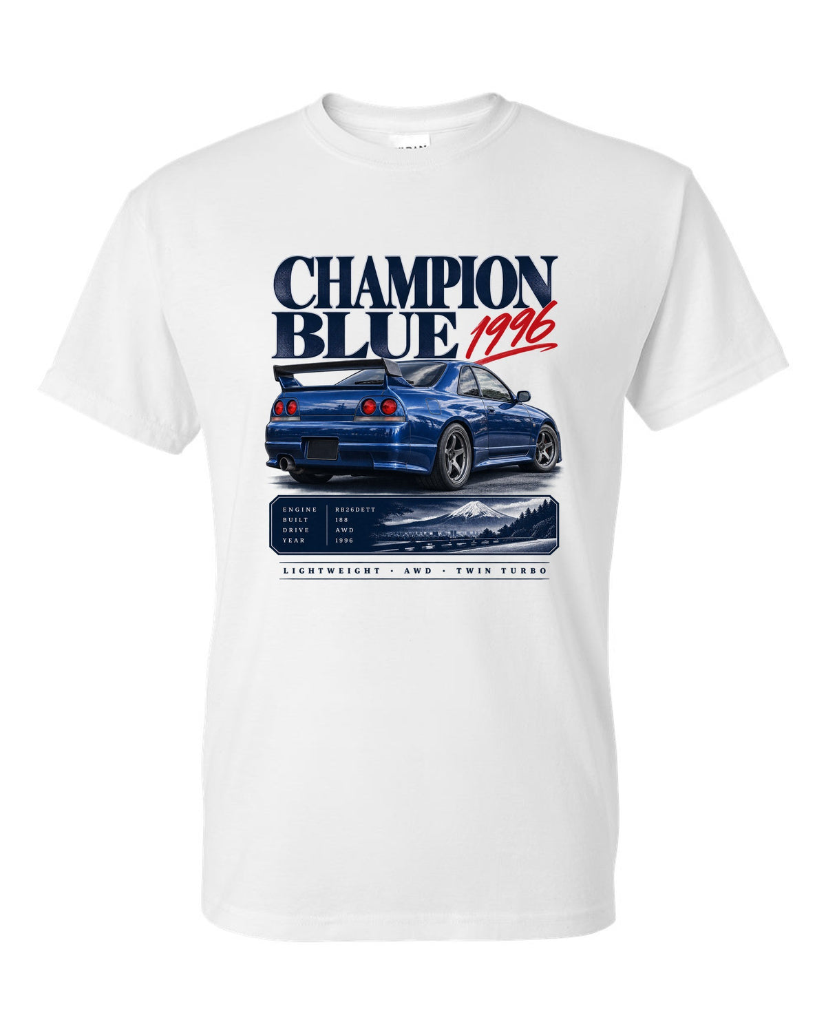 Archive panel of a Nissan Skyline GT-R R33 LM Limited in Champion Blue with 1996 and 188 made lettering white t-shirt front view with the design