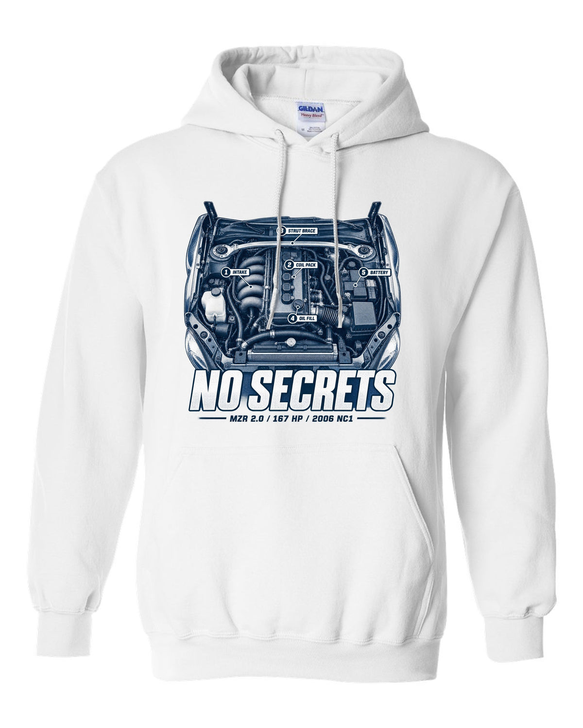 Engine hero print for the 2006 Mazda MX-5 NC1 with MZR 2.0 and 167 HP lettering white pull over hoodie front view with the design