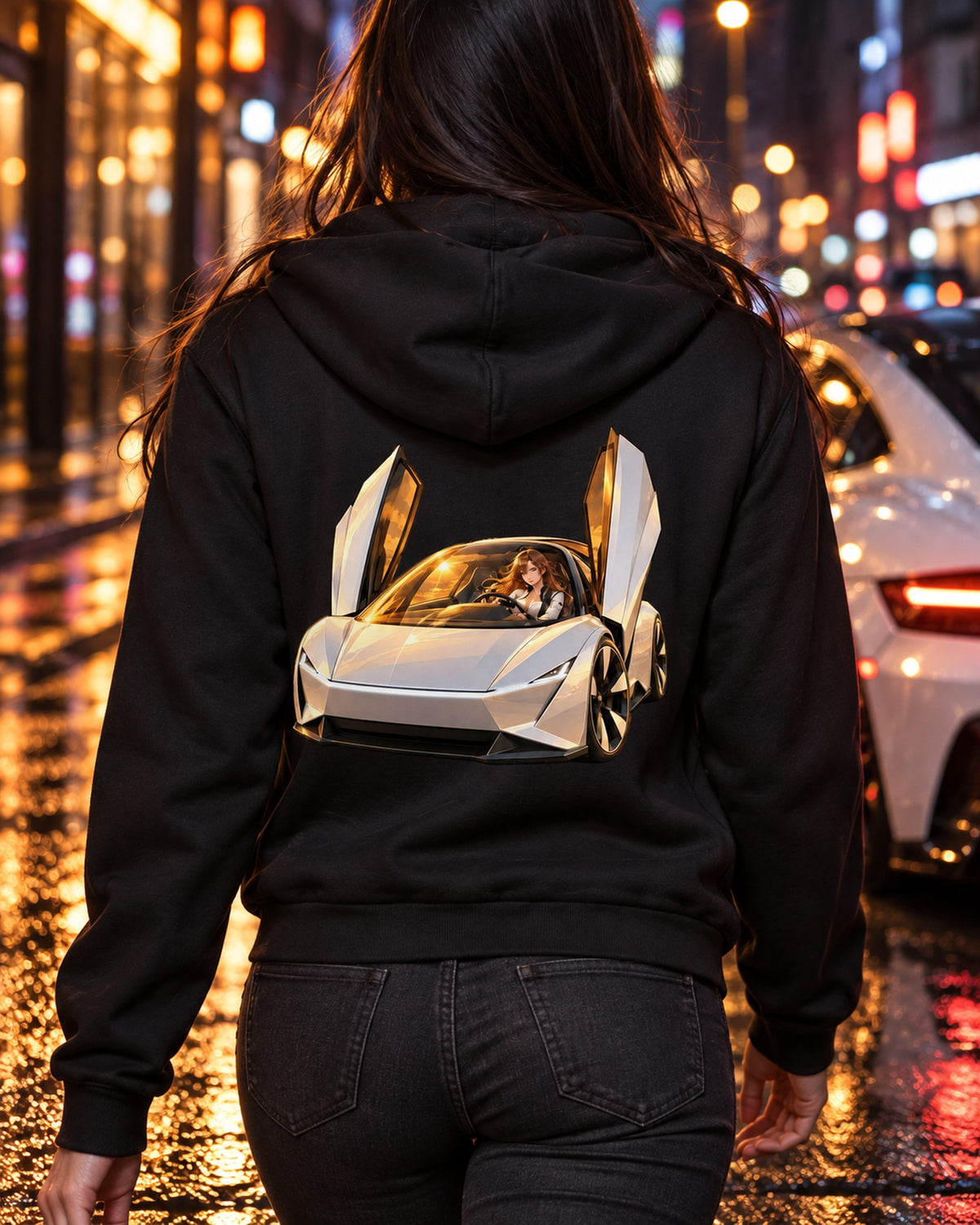 Tesla Roadster Golden Hour Anime Girl Shirt, Hoodie & More Zip Hoodie Black worn hero